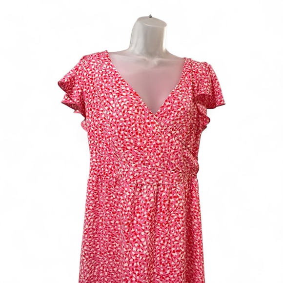 QUIZ Wrap Midi Dress Womens Size 10 Pink Abstract Print Flutter Sleeve Tie Back - Picture 3 of 7